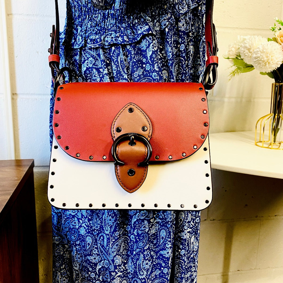 Coach C2661 Beat Shoulder Bag 18 In Colorblock With Rivets In Red Sand Ivory Multi Coach C2661 Beat Shoulder Bag 18 In Colorblock With Rivets In Red Sand Ivory Multi